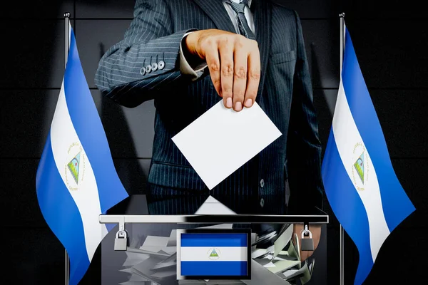 Bandeiras Nicarágua Mão Soltando Cartão Voto Conceito Eleição Ilustração — Fotografia de Stock
