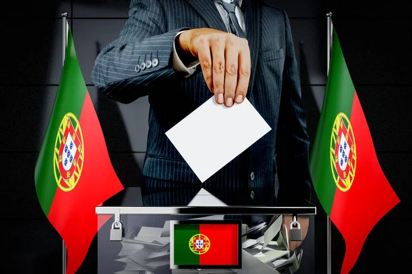 Bandeiras Portugal Mão Soltando Cartão Voto Conceito Eleição Ilustração — Fotografia de Stock