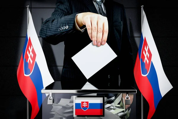 Bandeiras Eslováquia Mão Soltando Cartão Voto Conceito Eleição Ilustração — Fotografia de Stock