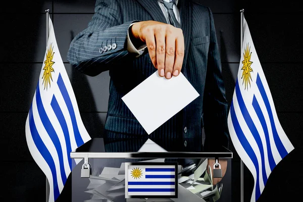 Bandeiras Uruguai Mão Soltando Cartão Voto Conceito Eleição Ilustração — Fotografia de Stock