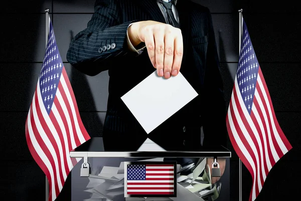 United States America Usa Flags Hand Dropping Voting Card Election — Stock Photo, Image