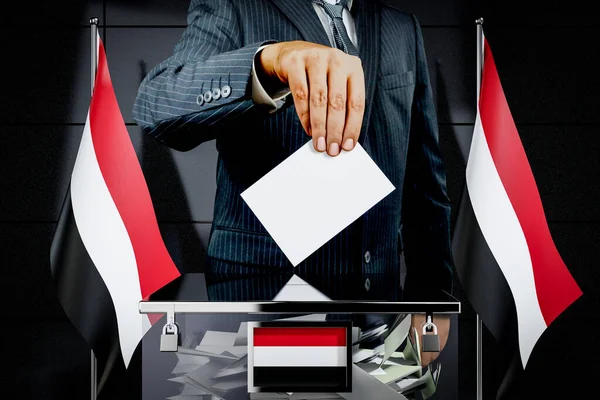 Σημαίες Υεμένης Χέρι Ρίχνοντας Κάρτα Ψηφοφορίας Εκλογική Ιδέα Εικονογράφηση — Φωτογραφία Αρχείου