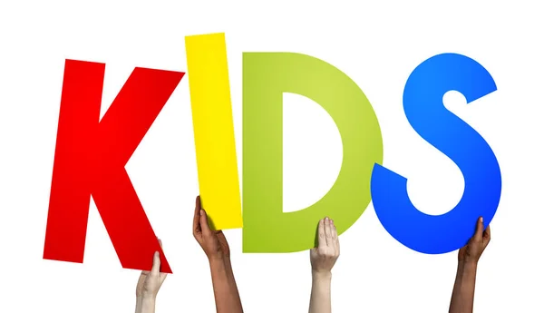 Kinderen Menselijke Handen Met Kleurrijke Letters — Stockfoto