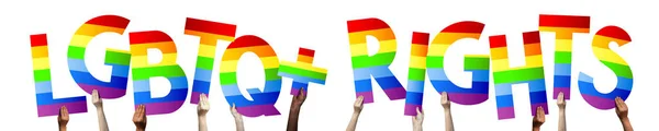 Lgbtq Rights Banner Human Hands Holding Colorful Letters — Stockfoto
