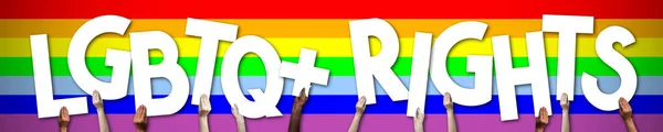 Banner Derechos Lgbtq Manos Humanas Sosteniendo Cartas Coloridas —  Fotos de Stock