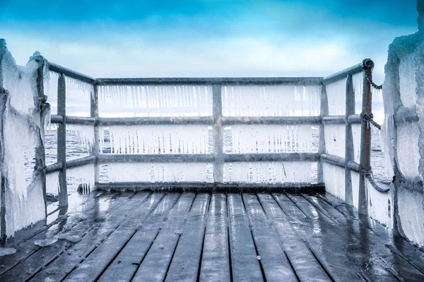 Icicles Hanging Footbridge Frost Winter Concept — Stock Fotó