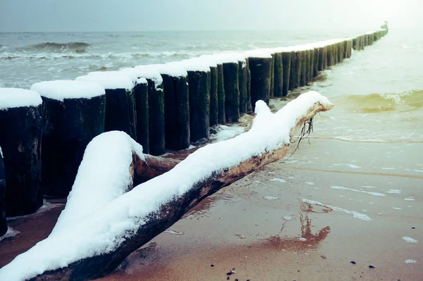 Wooden Groyne Beach Covered Snow Winter Time — 图库照片