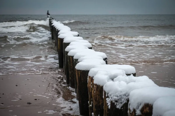 Wooden Groyne Beach Covered Snow Winter Time — ストック写真