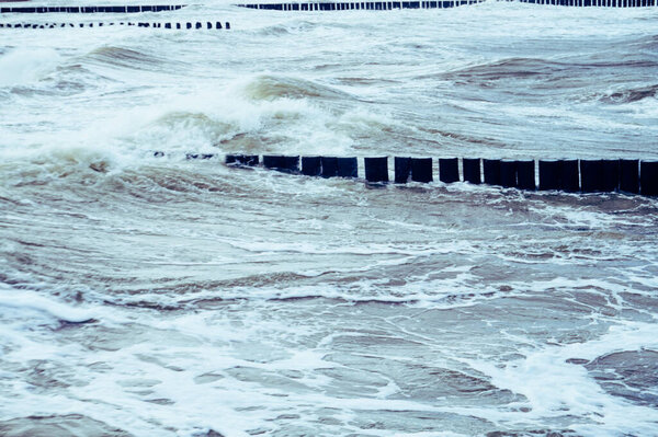 Groynes on a shore, Baltic Sea, Poland