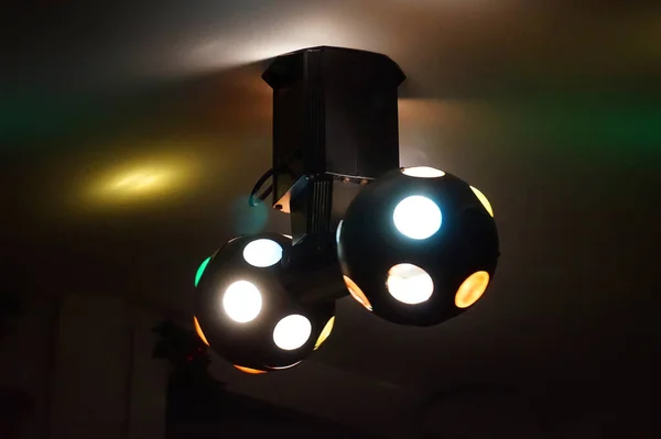 Two Disco Balls Rotating Ceiling Colorful Lights — Fotografia de Stock