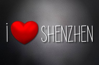 Shenzhen 'i seviyorum - kalp şekli, siyah arkaplan - 3 boyutlu illüstrasyon