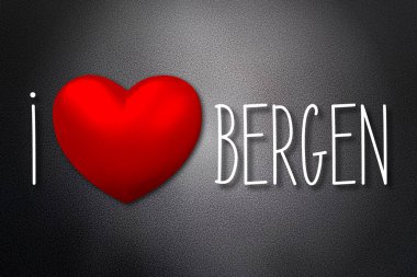 Bergen 'i seviyorum - kalp şekli, siyah arkaplan - 3 boyutlu illüstrasyon