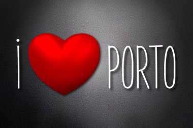 Porto 'yu seviyorum - kalp şekli, siyah arkaplan - 3 boyutlu illüstrasyon