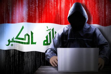 İsimsiz başlıklı hacker, Irak bayrağı, ikili kod - siber saldırı konsepti
