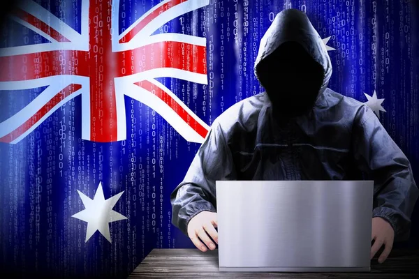 Anónimo Hacker Encapuchado Bandera Australia Código Binario Concepto Ataque Cibernético —  Fotos de Stock