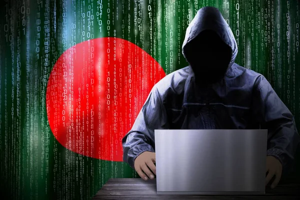 Anónimo Hacker Encapuchado Bandera Bangladesh Código Binario Concepto Ataque Cibernético —  Fotos de Stock