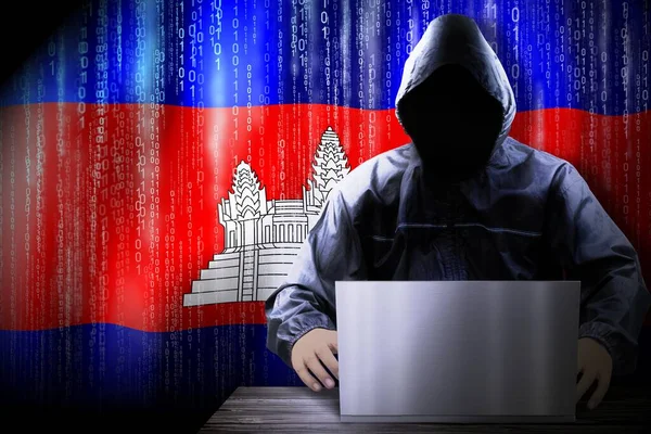 Anónimo Hacker Encapuchado Bandera Camboya Código Binario Concepto Ataque Cibernético —  Fotos de Stock