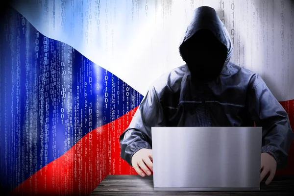 Anónimo Hacker Encapuchado Bandera República Checa Código Binario Concepto Ataque —  Fotos de Stock