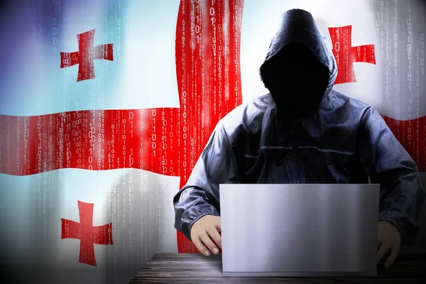 Anónimo Hacker Encapuchado Bandera Georgia Código Binario Concepto Ataque Cibernético —  Fotos de Stock