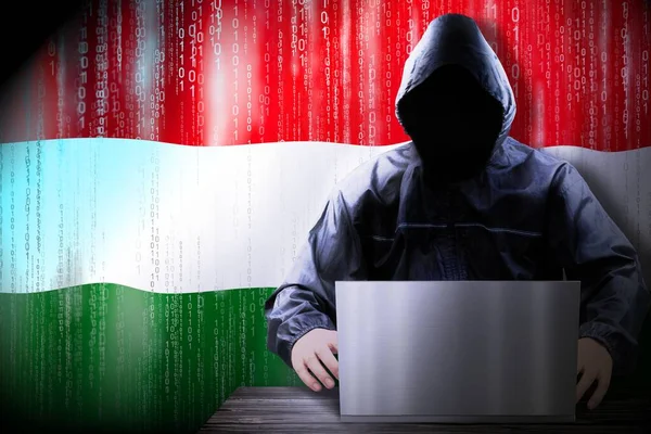 Anónimo Hacker Encapuchado Bandera Hungría Código Binario Concepto Ataque Cibernético —  Fotos de Stock