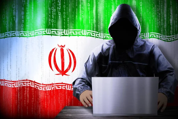 Anonymous Hooded Hacker Flag Iran Binary Code Cyber Attack Concept — Stock Photo, Image