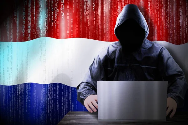 Anónimo Hacker Encapuchado Bandera Países Bajos Código Binario Concepto Ataque —  Fotos de Stock