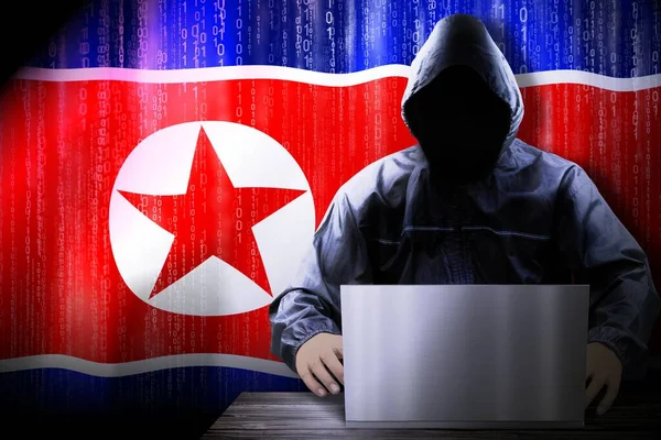 Anónimo Hacker Encapuchado Bandera Corea Del Norte Código Binario Concepto —  Fotos de Stock