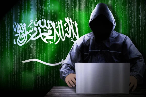 Anónimo Hacker Encapuchado Bandera Arabia Saudita Código Binario Concepto Ataque —  Fotos de Stock