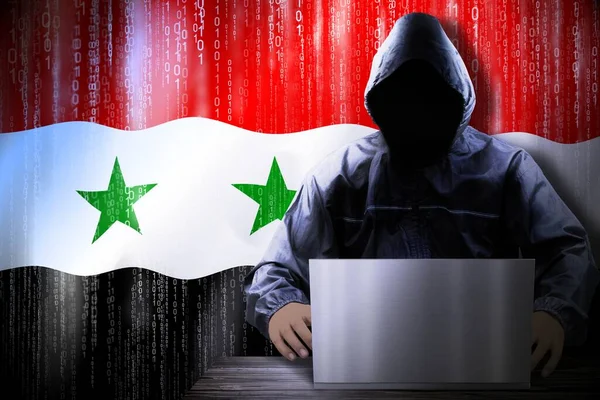 Hacker Com Capuz Anônimo Bandeira Síria Código Binário Conceito Ataque — Fotografia de Stock