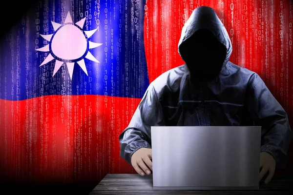 Anonymous Hooded Hacker Flag Taiwan Binary Code Cyber Attack Concept — Stock Photo, Image
