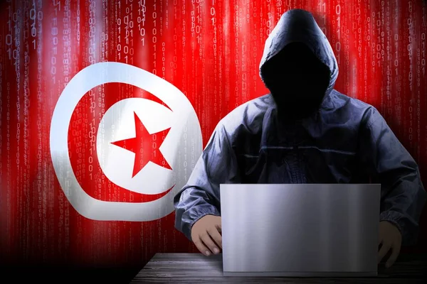 Anónimo Hacker Encapuchado Bandera Túnez Código Binario Concepto Ataque Cibernético —  Fotos de Stock