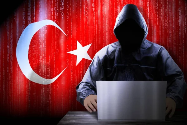 Anónimo Hacker Encapuchado Bandera Turquía Código Binario Concepto Ataque Cibernético —  Fotos de Stock