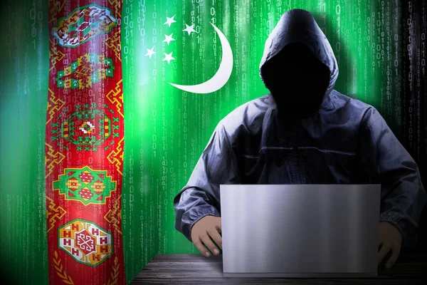 Anónimo Hacker Encapuchado Bandera Turkmenistán Código Binario Concepto Ataque Cibernético —  Fotos de Stock