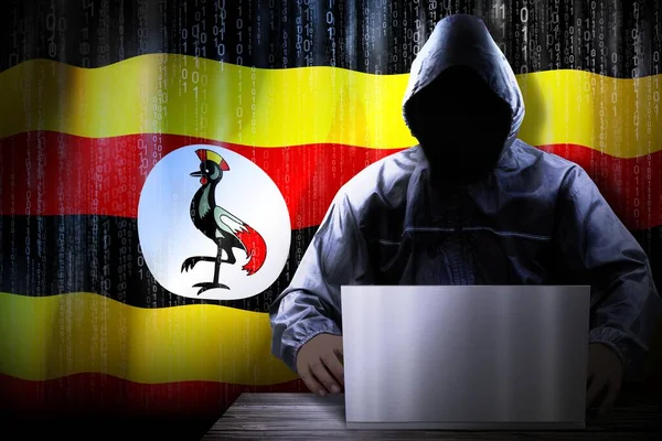 Anónimo Hacker Encapuchado Bandera Uganda Código Binario Concepto Ataque Cibernético —  Fotos de Stock