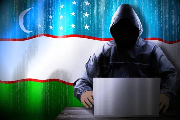 Anónimo Hacker Encapuchado Bandera Uzbekistán Código Binario Concepto Ataque Cibernético —  Fotos de Stock