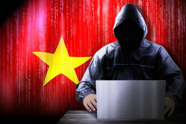 Névtelen Csuklyás Hacker Zászló Vietnam Bináris Kód Cyber Támadás Koncepció — Stock Fotó