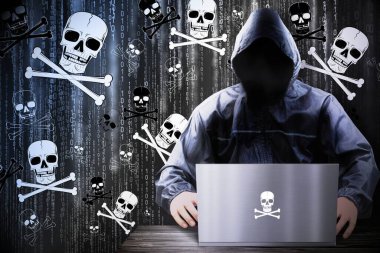 İsimsiz başlıklı hacker, korsan kafatası, ikili kod - siber saldırı konsepti