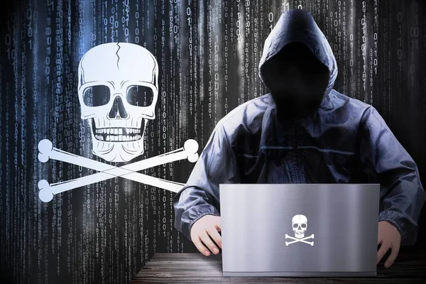 Anonymous hooded hacker, pirate skulls, binary code - cyber attack concept