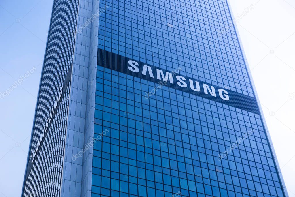 February 2nd, 2022 - Poland, Warsaw - Hotel Mariott building with Samsung advertisement