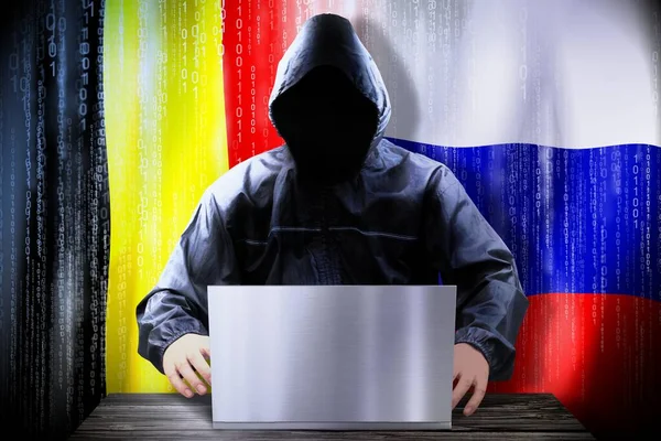 Hacker Anónimo Trabajando Una Computadora Portátil Banderas Bélgica Rusia —  Fotos de Stock