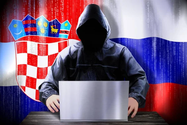 Anonymous Hacker Working Laptop Flags Croatia Russia — Stock Photo, Image