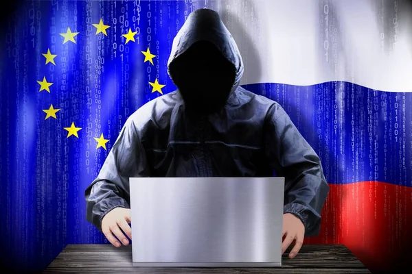Hacker Anónimo Trabajando Ordenador Portátil Banderas Unión Europea Rusia —  Fotos de Stock