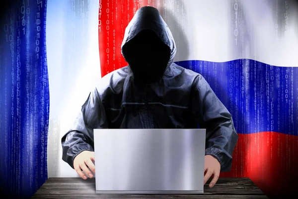 Anonymous Hacker Working Laptop Flags France Russia — Stock Photo, Image