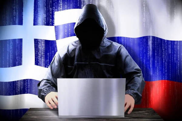Hacker Anónimo Trabajando Una Computadora Portátil Banderas Grecia Rusia —  Fotos de Stock