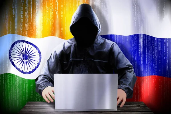 Hacker Anónimo Trabajando Ordenador Portátil Banderas India Rusia —  Fotos de Stock