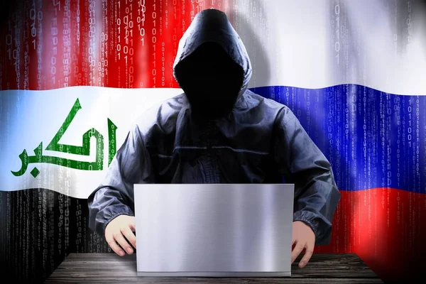 Anonyme Hacker Arbeiten Einem Laptop Flaggen Des Irak Und Russlands — Stockfoto