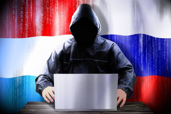 Anonymous Hacker Working Laptop Flags Luxembourg Russia — Stock Photo, Image