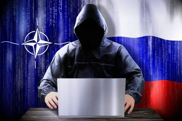 Anonymous Hacker Working Laptop Flags Nato Russia — Stock Photo, Image