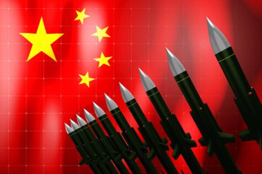 Cruise füzeleri, arka planda Çin bayrağı - savunma konsepti - 3D illüstrasyon