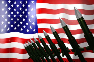 Cruise füzeleri, arka planda ABD bayrağı - savunma konsepti - 3D illüstrasyon